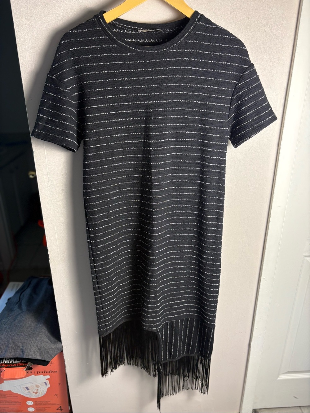 Zara Black & White Striped Knit Midi Dress with Asymmetrical Fringe Hem Small